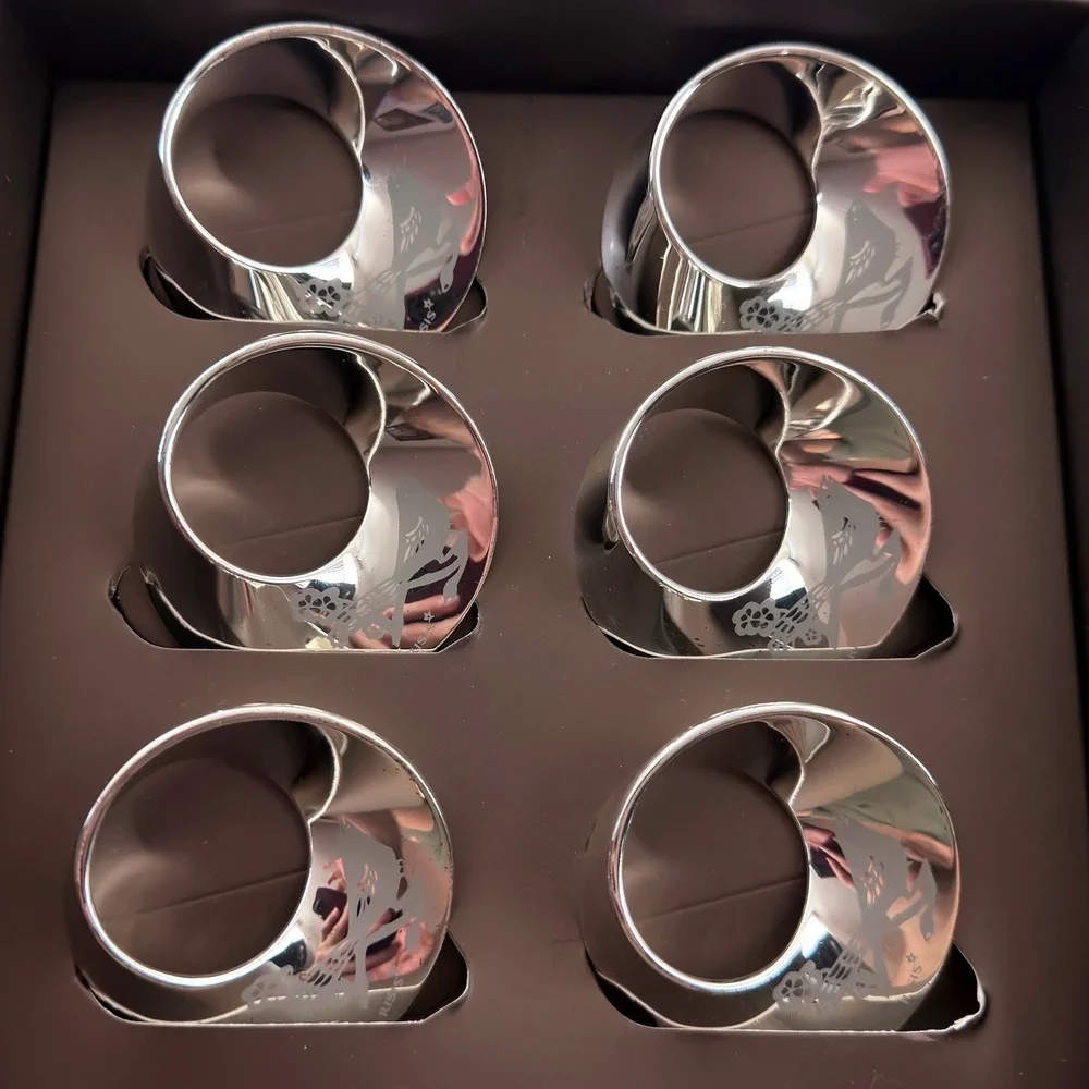 Risis Silver Tone Etched Floral Bird Napkin Rings Set of‎ 6 with Box